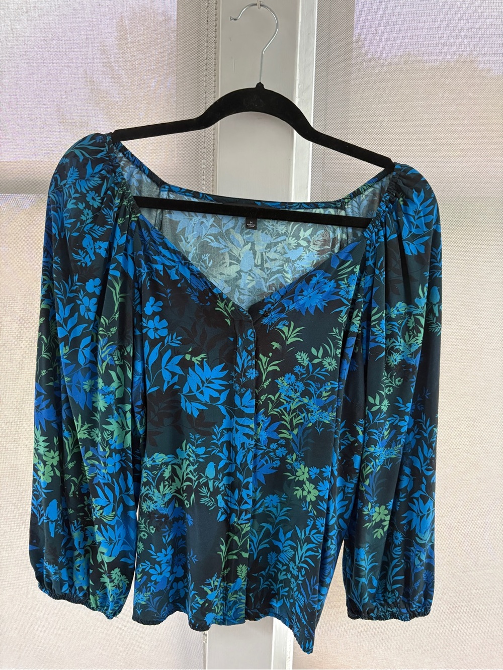 Blue & Green Floral V-Neck Peasant Blouse